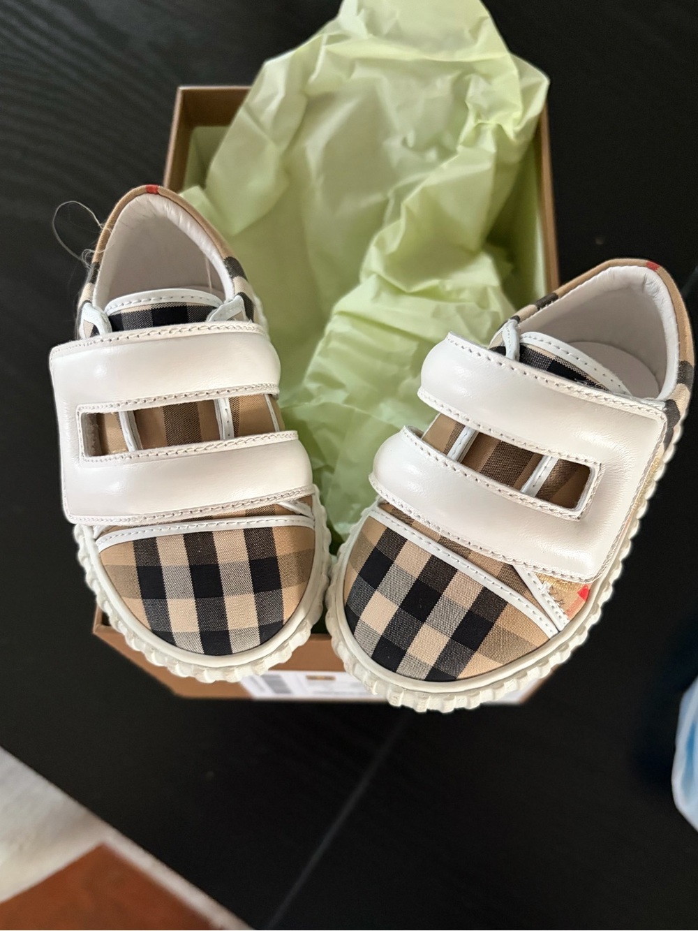 Burberry Beige and Black Plaid Kids Sandals with White Straps